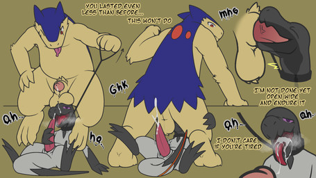 animal_genitalia backsack balls bodily_fluids cum cum_in_mouth cum_inside deep_throat duo erection face_fucking feral genital_fluids genitals irrumatio male male/male musk open_mouth oral oral_penetration penetration penile penis penis_in_mouth sex sheath simple_background tail text tongue ferzdracroc nintendo pokemon pokemon_mystery_dungeon spike_chunsoft generation_2_pokemon generation_7_pokemon mammal pokemon_(species) reptile salandit scalie typhlosion 16:9 digital_media_(artwork) english_text hi_res widescreen