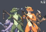 anthro arbalist athletic balls breasts brown_body crossbow featureless_breasts female flaccid genitals green_body group holding_object holding_weapon horn male melee_weapon orange_body penis polearm purple_body pussy ranged_weapon spear weapon yellow_eyes komolord kobold scalie hi_res