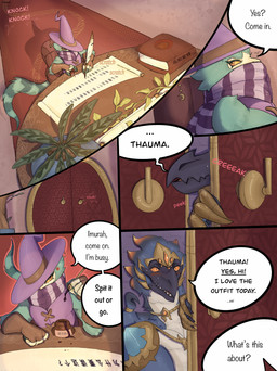 anthro armor beak blue_body blush book bottomwear clothing crown dialogue door duo eyelashes fangs feathers femboy fingerless_gloves gauntlets gem gloves gold_(metal) handwear hat headgear headwear inkwell inside jewelry knocking_on_door light loose_feather male male/male mandarin moon necklace obscured_face opening_door peeking_around_corner plant quill scarf scroll shorts size_difference speech_bubble spilled_liquid study sunlight teeth text topwear vest wings wizard_hat writing_utensil asderat mythology dinosaur dragon mythological_creature mythological_scalie prehistoric_species reptile saurischian scalie theropod absurd_res comic english_text hi_res