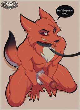 anthro balls biped collar crouching dialogue erection fur genitals humanoid_genitalia humanoid_penis leash leashed_collar male male_anthro multicolored_body multicolored_fur nude_anthro nude_male penis red_sclera simple_background solo speech_bubble tail tan_background text white_eyes knightmoonlight98 dandy_(rentonreverb) canid canine canis coyote mammal 2026 english_text hi_res