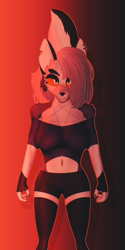 anthro bottomwear breasts clothed clothing crop_top ear_piercing female fingerless_gloves fur gloves hair handwear legwear notched_ear piercing red_sclera shirt solo tail thigh_highs topwear white_body white_fur conditional_dnp gusta hellaverse helluva_boss mythology loona_(helluva_boss) canid canid_demon canine demon hellhound mammal mythological_canine mythological_creature 1:2 hi_res