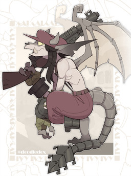 anthro bat_wings big_ears black_hair claws clothing clubbed_tail crouching cuff_(restraint) facial_piercing fangs female finger_claws grey_body grey_skin gun hair hand_wrapping hand_wraps hat headgear headwear holding_gun holding_object holding_ranged_weapon holding_weapon horn long_ears long_hair long_tail looking_at_viewer membrane_(anatomy) membranous_wings multicolored_body newsboy_cap nose_piercing nose_ring open_mouth piercing ranged_weapon red_clothing restraints ring_piercing septum_piercing septum_ring shackles sharp_teeth shirtless shirtless_female side_view slim_female solo suspenders suspenders_on_nipples tail teeth thick_thighs toe_claws weapon weapon_tail wing_claws wings wraps yellow_eyes doodledox deadlock valve ivy_(deadlock) gargoyle hi_res