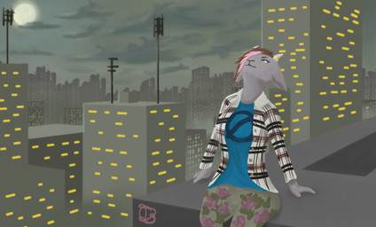 anthro city clothed clothing female floral_pattern jacket looking_up night outside sitting sitting_on_rooftop solo topwear thelurkinggoat rose_(rosethegoat) bovid caprine goat mammal absurd_res digital_media_(artwork) hi_res