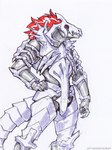 anthro armor biped claws grey_body hair hand_on_hip hatching long_hair male red_eyes red_hair simple_background solo white_background ket-dawnatsunset overlord_(series) kyuku_zuzu lizard lizardman lizardman_(overlord) reptile scalie hi_res portrait three-quarter_portrait traditional_media_(artwork)