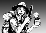 anthro arm_scar eyes_closed facial_scar female gradient_background holding_knife holding_object knife open_mouth open_smile scar scout_leader scout_uniform simple_background smile solo tin_can hladilnik samantha_thott canid canine canis domestic_dog mammal 2022 greyscale monochrome