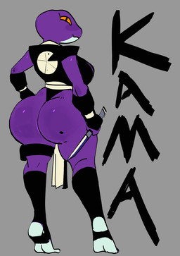 anthro armwear big_breasts big_butt black_armwear black_clothing black_legwear black_text black_topwear bottomwear breasts butt clothed clothed_anthro clothed_female clothing female female_anthro grey_background hand_on_hip holding_knife holding_object huge_butt knife legwear loincloth looking_at_viewer looking_back looking_back_at_viewer mole_on_butt mouth_closed non-mammal_breasts orange_sclera pose purple_body rear_view simple_background solo standing text thigh_pouch tiptoes topwear wide_hips mooncheese kama_(mooncheese) amphibian frog 2025 digital_drawing_(artwork) digital_media_(artwork) full-length_portrait hi_res pinup portrait