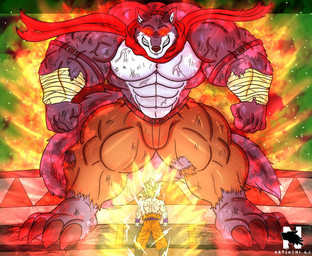 abs anthro belt blonde_hair bottomwear bulge clothing duo glowing glowing_eyes hair macro male muscular muscular_male pants red_eyes scarf sharp_teeth size_difference super_saiyan teeth vein veiny_muscles zangokunatenshi dragon_ball dragon_ball_super bergamo goku canid canine canis human mammal wolf hi_res