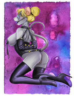 anthro armbinder ball_gag bdsm binder_(restraint) biped black_collar blonde_hair bondage bondage_gear boots bound clothing collar eyewear female footwear gag gagged genitals glasses hair hands_behind_back high_heeled_boots high_heels kneeling legwear neck_to_tail_bondage pasties restraints shoes simple_background solo studded_collar studs tail tail_bondage tail_tied thigh_boots thigh_highs vulva yellow_eyes caribou_(artist) mammal mouse murid murine rodent 2018