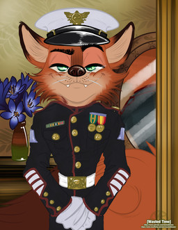 clothing emblem fluffy fluffy_tail fur hat headgear headwear marines markings medal military_cap military_clothing military_hat military_jacket military_pants military_uniform mirror mirror_reflection night_howlers orange_body orange_fur pattern_wall reflection simple_background smile smiling_at_viewer smirk smirking_at_viewer tail uniform whisker_markings whiskers wastedtimeee disney zootopia fan_character canid canine fox mammal red_fox true_fox absurd_res hi_res