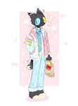 anthro black_body black_eyes black_fur blue_sclera blush blush_lines fur heterochromia holding_bag lgbt_pride looking_at_viewer male pansexual_pride_colors pride_colors slim_anthro slim_male solo yellow_sclera bunonthemoon 2023 hi_res