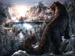 brown_body brown_fur cloud detailed_background evergreen_tree feral forest frozen fur lake leopard_spots light light_beam looking_away male mountain pine_tree plant quadruped sculpture short_ears sky snow solo spots statue sunbeam sunlight sunrise tree whiskers yellow_eyes steelsart siegmar felid feline leopard mammal pantherine snow_leopard 2021 4:3 signature watermark