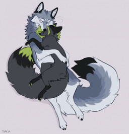 ambiguous_feral ambiguous_gender big_tail bird's-eye_view black_body black_claws black_fur blue_body blue_fur claws cuddling digitigrade dipstick_tail duo eyes_closed facial_markings feral feral_with_hair fluffy fluffy_tail fur green_body green_claws green_fur green_hair grey_body grey_fur hair happy head_markings high-angle_view hug hugging_another larger_ambiguous larger_feral leg_markings lying lying_on_another markings multicolored_body multicolored_fur on_back pointy_ears prick_ears quadruped romantic romantic_couple simple_background size_difference smaller_ambiguous smaller_feral smile socks_(marking) tail tail_markings text whiskers white_body white_fur taka_(artist) a.o.kigahara taka_fox canid canine canis fox mammal true_fox wolf 2024 artist_name colored_sketch digital_drawing_(artwork) digital_media_(artwork) hi_res signature sketch