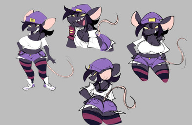 anthro beanie big_breasts black_hair bottomwear breasts butt clothing female fingerless_gloves gloves grey_background hair hand_on_hip handwear hat headgear headwear legwear looking_at_viewer looking_back looking_back_at_viewer navel pattern_clothing pattern_legwear pattern_stockings shirt shorts shortstack simple_background smile solo stockings striped_clothing striped_legwear striped_stockings stripes tail topwear white_clothing white_shirt white_topwear ghostlykoisus mammal murid murine rat rodent 2024 digital_media_(artwork)
