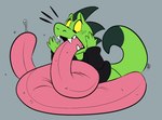 ambiguous_gender anthro big_tongue bodily_fluids expansion green_body green_skin growth hyper hyper_tongue saliva solo teeth tongue tongue_expansion tongue_out worried yellow_sclera pastelcore lizard reptile scalie