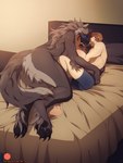 anthro barefoot bed big_butt blue_eyes boxers_(clothing) breasts brown_hair butt claws clothed clothed/nude clothed_male clothing cuddling daww digitigrade duo fangs feet female female_on_human fluffy fluffy_hair fur furniture glowing glowing_eyes grey_hair hair hindpaw human_on_anthro human_on_anthro_romance interspecies larger_anthro larger_female love male male/female male_human male_on_anthro mane mostly_nude muscular muscular_male muzzle_scabs nude nude_female on_bed patreon_logo patreon_username pawpads paws romantic romantic_couple sharp_teeth size_difference smaller_human smaller_male smile tail teeth text toe_claws toes underwear patto mythology patreon eleniel keven canid canine canis human mammal mythological_canine mythological_creature werecanid werecanine werecreature werewolf wolf 2018 3:4 english_text hi_res url