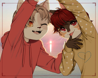 5_fingers ambiguous_gender anthro claws clothing duo fangs fingers fur glistening glistening_eyes hair hand_on_shoulder happy hoodie male one_eye_closed open_mouth orange_body orange_eyes orange_fur pattern_clothing pattern_sweater pattern_topwear pink_inner_ear pink_nose pose pupils red_clothing red_eyes red_hair red_hoodie red_topwear sea slit_pupils spots spotted_clothing spotted_sweater spotted_topwear sunset sweater tan_body tan_fur tan_hair teeth tongue tongue_out topwear water whiskers white_body white_fur yellow_clothing yellow_sweater yellow_topwear young young_anthro sonyan domestic_cat felid feline felis mammal 2017 digital_media_(artwork) shaded