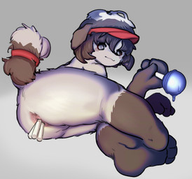 anal anthro anus ass_up big_butt butt candy candy_in_ass dessert food lying male object_insertion simple_background smile solo tail visor snafgh 02_(snafgh) canid canine canis domestic_dog mammal