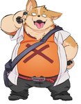 anthro belly big_belly black_nose bottomwear brown_body brown_fur clothing fur humanoid_hands kemono male overweight overweight_male pants shirt simple_background solo tongue tongue_out topwear white_background shirokumaou canid canine canis domestic_dog herding_dog mammal pastoral_dog welsh_corgi 2023 hi_res