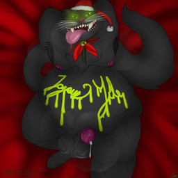 after_vore anthro armpit_hair balls bell belly big_balls big_belly bodily_fluids body_hair breath christmas_clothing christmas_headwear clothing foreskin genital_fluids genitals glowing glowing_eyes hands_behind_head hat headgear headwear holidays looking_at_viewer male moobs musk musk_cloud nipples overweight penis precum santa_hat smile solo text text_on_body thick_thighs tongue tongue_out uvula vore wide_hips fledgedragonfox christmas yule_cat deity domestic_cat felid feline felis mammal monster spirit 1:1