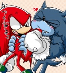 anthro big_eyes big_head blue_body blue_fur duo fur male text toony urahyu sega sonic_the_hedgehog_(series) sonic_unleashed knuckles_the_echidna sonic_the_hedgehog sonic_the_werehog eulipotyphlan hedgehog mammal werecreature wereeulipotyphlan werehog japanese_text translated