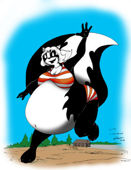 anthro belly big_belly big_breasts bikini breasts building clothing female fur gesture hair huge_belly huge_breasts hyper hyper_belly multicolored_body multicolored_fur navel plant sand sky solo swimwear thick_thighs tree two-piece_swimsuit two_tone_body two_tone_fur waving white_hair botulismbunny_(artist) stacy_(satsumalord) mammal mephitid skunk 2015 digital_media_(artwork)