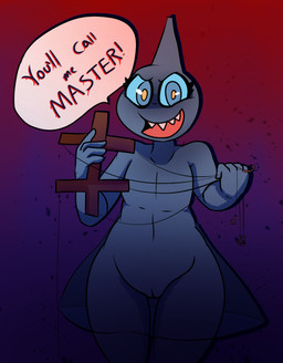 5_fingers blue_eyes bottomwear cloak clothing dialogue female fingers flat_chested genitals hook master not_furry open_mouth pokemorph puppet skirt solo speech_bubble string teeth text thick_thighs translucent translucent_clothing vulva iguanasarecool nintendo pokemon generation_3_pokemon ghost pokemon_(species) shuppet spirit english_text