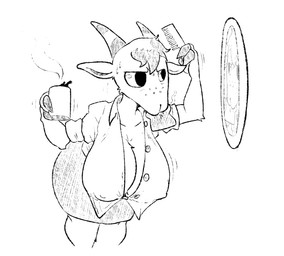 anthro big_breasts bottomwear bread breasts brush brushing brushing_hair clothed clothing collared_shirt container cup dress_shirt female food freckles furrowed_eyebrows hair head_tuft holding_container holding_cup holding_mug holding_object hoof_hands horn looking_at_mirror looking_at_object mirror mug nipple_outline nipples open_clothing open_shirt open_topwear personal_grooming shirt simple_background skirt solo standing styling_hair toast toast_in_mouth topwear tuft unbuttoned_shirt white_background geekyspecter animal_crossing nintendo chevre_(animal_crossing) bovid caprine goat mammal 2025 monochrome
