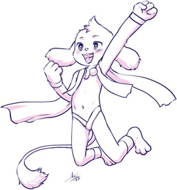 anthro jumping long_tail looking_forward male mostly_nude navel open_mouth smile solo tail tongue young young_anthro young_male aogami unknown_species 2023 character_request hi_res monochrome signature
