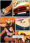2023 3_toes 5_fingers anklet anthro arm_tuft barefoot black_nose blonde_hair border bottomwear breasts brown_body brown_fur canid canine canis car cheek_tuft claws clothed clothing comic dialogue dodge_(brand) dodge_viper domestic_dog driving elbow_tuft english_text exclamation_point facial_tuft feet female finger_claws fingers fur german_shepherd grimart hair hand_in_bottomwear hand_in_shorts herding_dog hindpaw humanoid_hands in_heat inner_ear_fluff inside_car jewelry mammal motor_vehicle moxy_(grimart) narration pastoral_dog paws police police_car police_vehicle seatbelt shirt shorts shoulder_tuft solo tank_top text text_box thought_bubble toe_claws toes topwear tuft uniform vehicle white_border