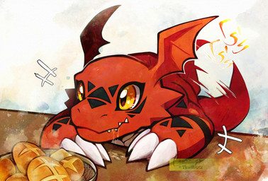 ambiguous_gender anthro black_body black_scales bodily_fluids bread claws drooling finger_claws food multicolored_body multicolored_scales red_body red_scales red_tail saliva scales solo tail teeth white_claws yellow_eyes thwillartz bandai_namco digimon digimon_(species) guilmon scalie hi_res