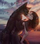anthro arched_back athletic biceps black_body black_fur black_hair black_nose breasts canid canine canis domestic_dog duo embrace eyebrows eyelashes eyes_closed female fur hair husky intimate kissing koul long_hair love male male/female mammal midriff nordic_sled_dog outside romantic romantic_ambiance romantic_couple sky smile spitz standing sunset white_body white_fur wolf