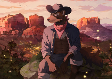 anthro butte_(landscape) clothed clothed_male clothing cowboy_hat hat headgear headwear kerchief male male_anthro neckerchief neckwear on_rock open_clothing open_shirt open_topwear outside red_eyes rock rolled_up_pants rolled_up_sleeves shirt sitting sitting_on_rock solo tail topwear trialestis viru_(viruleince) gulonine mammal mustelid musteline wolverine 2024 absurd_res dated hi_res