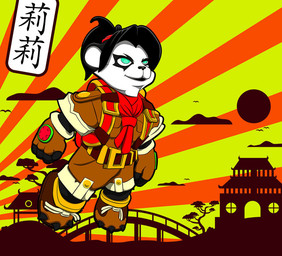 accessory anthro backpack belt black_body black_fur black_hair black_nose bottomwear bridge building clothing cloud female fingerless_gloves footwear fur gloves green_eyes hair hair_accessory hair_ring handwear light light_beam looking_up plant ponytail propaganda red_scarf scarf shirt shoelaces shoes shorts silhouette solo sunbeam sunlight sunset text toeless_footwear toeless_shoes topwear tree young young_anthro young_female misterstouf blizzard_entertainment warcraft li_li_stormstout avian bear bird mammal pandaren 2015 chinese_text colored digital_drawing_(artwork) digital_media_(artwork) translated