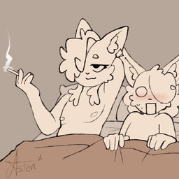 after_sex after_sex_smoking anthro bed_sheet bedding bodily_fluids brown_hair duo femboy fluffy_ears flustered hair male male/male nipples piercing smoking smug smug_face sweat starlit_aster canid canine fox mammal animated