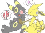 ambiguous_gender bdsm black_body black_fur blue_eyes bodily_fluids bondage bound duo feral fur heart_symbol markings one_eye_closed pawpads paws red_eyes rope simple_background tail tears wink yellow_body yellow_fur shin_(artist) nintendo pokemon eeveelution generation_1_pokemon generation_2_pokemon jolteon mammal pokemon_(species) umbreon 4:3