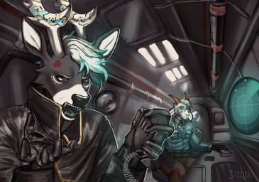 2_horns 5_fingers angry anthro antlers bent_leg black_clothing black_gloves black_handwear black_jacket black_nose black_topwear blue_dress_shirt blue_hair bottomwear brown_bottomwear brown_clothing brown_horn brown_pants chair cheek_markings cheek_tuft clothed clothed_anthro clothed_male clothing door duo eyebrows eyewear facial_markings facial_tuft fangs fingers frowning_at_another fully_clothed fully_clothed_anthro fully_clothed_male fur furniture gloves goggles goggles_around_neck grey_body grey_fur grey_hair grey_nose hair handwear head_markings holding_walkie_talkie horizontal_pupils horn inside jacket light looking_at_another male markings motion_tracker multicolored_body multicolored_fur multicolored_hair on_chair pants pipe pockets pupils short_hair sitting sitting_on_chair sunlight teeth topwear tuft two_tone_hair white_antlers white_eyebrows white_hair white_inner_ear white_markings window yellow_eyes angellumen thesphur_(thesphur) xeflou bovid caprine deer goat mammal 2024 colored digital_drawing_(artwork) digital_media_(artwork) english_description hi_res lighting shaded