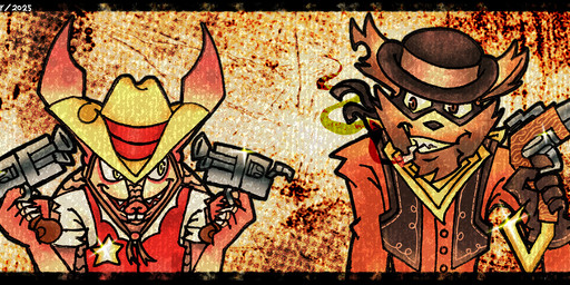 anthro brown_body brown_eyes brown_fur buckteeth cigarette claws clothing cowboy cowboy_hat duo front_view fur gloves grin gun gunslinger handwear hat headgear headwear holding_gun holding_object holding_ranged_weapon holding_weapon kerchief larger_male long_ears looking_at_another male mask open_mouth ranged_weapon scales sheriff sheriff_badge shirt size_difference smaller_male smile smoking smoking_cigarette tan_body tan_scales teeth topwear vest weapon western mufancer sly_cooper_(series) sony_corporation sony_interactive_entertainment sucker_punch_productions tennessee_kid_cooper toothpick_(sly_cooper) armadillo mammal procyonid raccoon xenarthran 2025 hi_res