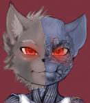 anatomy anthro biped close-up clothed clothing cybernetics fully_clothed glowing glowing_eyes grey_body machine red_background red_eyes simple_background solo hexxy felid mammal robot 2017 bust_portrait digital_media_(artwork) portrait