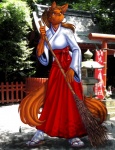 anthro asian_clothing bottomwear breasts broom brown_hair cleaning_tool clothed clothing east_asian_clothing female footwear hair hakama haori japanese_clothing legwear long_hair miko_outfit multi_tail ponytail red_bottomwear red_clothing red_hakama religion shinto shinto_shrine shrine shrine_maiden socks solo tabi_socks tail torii white_haori max_blackrabbit canid canine fox mammal 2011 digital_media_(artwork)