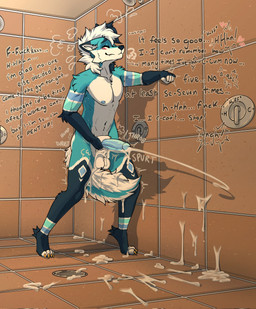 anthro balls bite biting_lip blue_body blue_fur blue_penis blush bodily_fluids countershading cum cum_on_ground cum_on_self cum_on_wall cumshot ejaculation eyes_closed fur genital_fluids genitals humanoid_genitalia humanoid_penis looking_pleasured male masturbation moan nipples nude penile penile_masturbation penis shower shower_room solo sound_effects standing text tucked_tail vowelless vowelless_sound_effect bootywithabolt azucaster canid canine canis mammal wolf colored hi_res