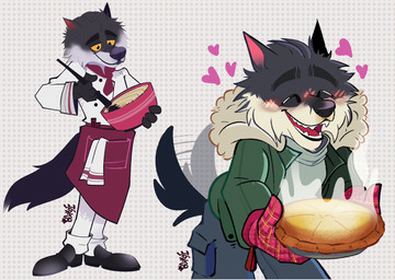 anthro biped black_clothing black_footwear black_shoes chef_uniform clothed clothed_anthro clothed_male clothing footwear fur grey_body grey_fur male multicolored_body multicolored_fur shoes smile solo standing tan_body tan_fur two_tone_body two_tone_fur white_body white_fur birkye intermarche_unloved albert_(intermache_unloved) canid canine canis mammal wolf 2025 hi_res multiple_images signature
