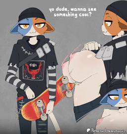 anthro blue_body blue_fur breasts closed_smile clothing dialogue eyebrows eyelashes female fingers fur looking_at_viewer mouth_closed orange_body orange_fur simple_background smile solo tail text white_body white_fur yellow_eyes berrypunchz epic_games fortnite meow_skulls domestic_cat felid feline felis mammal english_text hi_res