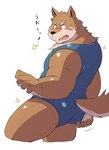 anthro blush brown_body butt clothed clothing humanoid_hands kemono leotard male one-piece_swimsuit overweight overweight_anthro overweight_male simple_background solo swimwear text white_background ayame42612 canid canine canis domestic_dog mammal 2015 japanese_text