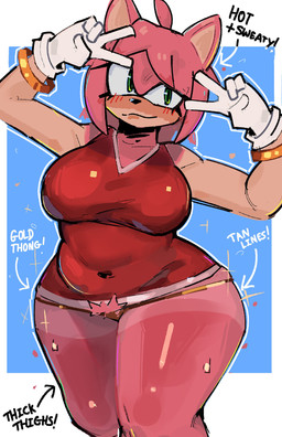 5_fingers anthro big_breasts black_nose blush blush_lines bracelet breasts clothing dress female fingers gesture gloves gold_thong green_eyes hair hand_gesture handwear jewelry looking_aside pink_hair pube_peek pubes red_clothing red_dress short_hair smile solo standing suntan tan_line text thick_thighs thong underwear v_sign wide_hips postpluvial sega sonic_the_hedgehog_(series) amy_rose eulipotyphlan hedgehog mammal 2026 absurd_res english_text hi_res