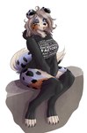 anthro black_nose black_spots blue_body blue_eyes blue_fur breasts clothed clothing female fluffy fluffy_fur fluffy_tail fur hair hoodie leggings legwear nails orange_body orange_fur sitting solo spots tail tan_hair text thick_thighs tongue tongue_out topwear rjfox mabel_(le_trollface) australian_shepherd canid canine canis domestic_dog herding_dog mammal pastoral_dog sheepdog absurd_res hi_res