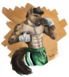 abs anthro bandage bottomwear boxing_shorts clothed clothing male navel shorts simple_background smile solo teeth underwear dognextdoor hyena mammal spotted_hyena hi_res signature unavailable_at_source