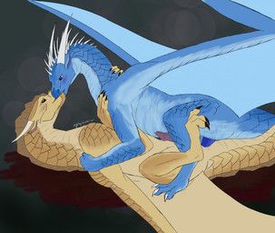 anal anal_penetration anus blue_body blue_eyes blue_penis blue_scales blush bodily_fluids brown_body brown_eyes brown_scales claws countershade_torso countershading cum cum_in_ass cum_inside duo erection facial_scar feral feral_on_feral feral_penetrated feral_penetrating feral_penetrating_feral finger_claws genital_fluids genitals head_spikes horn kissing leaking_cum long_neck lying male male/male male_penetrated male_penetrating male_penetrating_male membrane_(anatomy) membranous_wings on_back penetration penis precum scales scar sex smile snout spikes spikes_(anatomy) tail toe_claws wings gray-scales european_mythology mythology wings_of_fire qibli_(wof) winter_(wof) dragon icewing_(wof) mythological_creature mythological_scalie sandwing_(wof) scalie western_dragon absurd_res hi_res signature