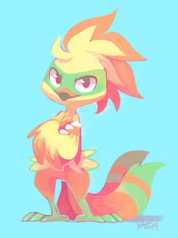 2_tails ambiguous_gender anthro beak blue_background crossed_arms feathered_crest feathers head_crest looking_at_viewer multi_tail orange_body orange_feathers red_eyes simple_background solo standing tail yellow_body yellow_feathers darmp nintendo pokemon combusken generation_3_pokemon pokemon_(species) 2014 3:4 digital_media_(artwork) digital_painting_(artwork) full-length_portrait hi_res painting_(artwork) portrait shaded