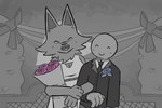 anthro black_tie_(suit) clothing digit_ring dress duo female flower grey_background happy happy_ending jewelry male male/female married_couple plant ring simple_background suit wedding wedding_dress wedding_ring wedding_veil zzx canid canine canis circlehead humanoid mammal wolf 2021 3:2