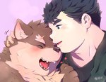 anthro blush duo eyebrows fur grey_body grey_fur heart_symbol hug male male/male romantic romantic_couple scar thick_eyebrows hijirinoyuta lifewonders tokyo_afterschool_summoners chubby_protagonist_(tas) moritaka_(tas) protagonist_(tas) canid canine canis domestic_dog human mammal hi_res